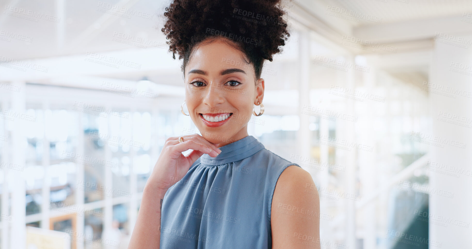 Buy stock photo Happy, business woman and portrait in office with manager, leadership and professional confidence in strategy for agency. African, startup and entrepreneur with success, pride and mindset for goals