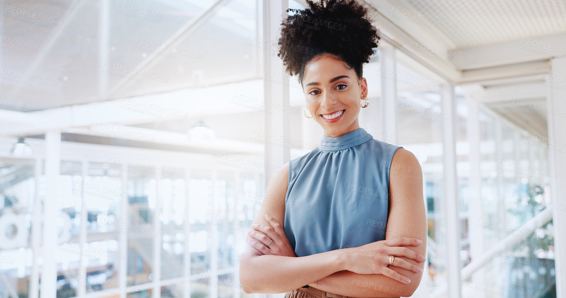 Buy stock photo Happy, business woman and portrait with arms crossed in office with manager, leadership and professional confidence. African, startup and entrepreneur with success, pride and mindset for goals