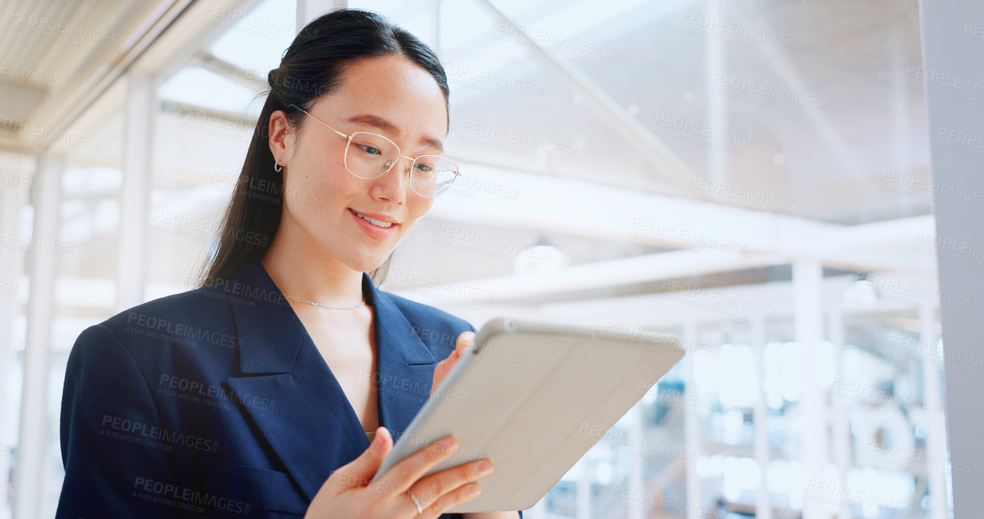 Buy stock photo Happy asian business woman, tablet and office for planning online report, search information and app. Corporate employee scroll on digital technology, social networking and update data for innovation