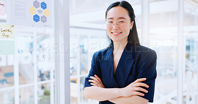Happy, smile and face of business woman in office for management, leadership and vision. Professional, executive and future with portrait of asian woman in startup agency for mindset, career or goal