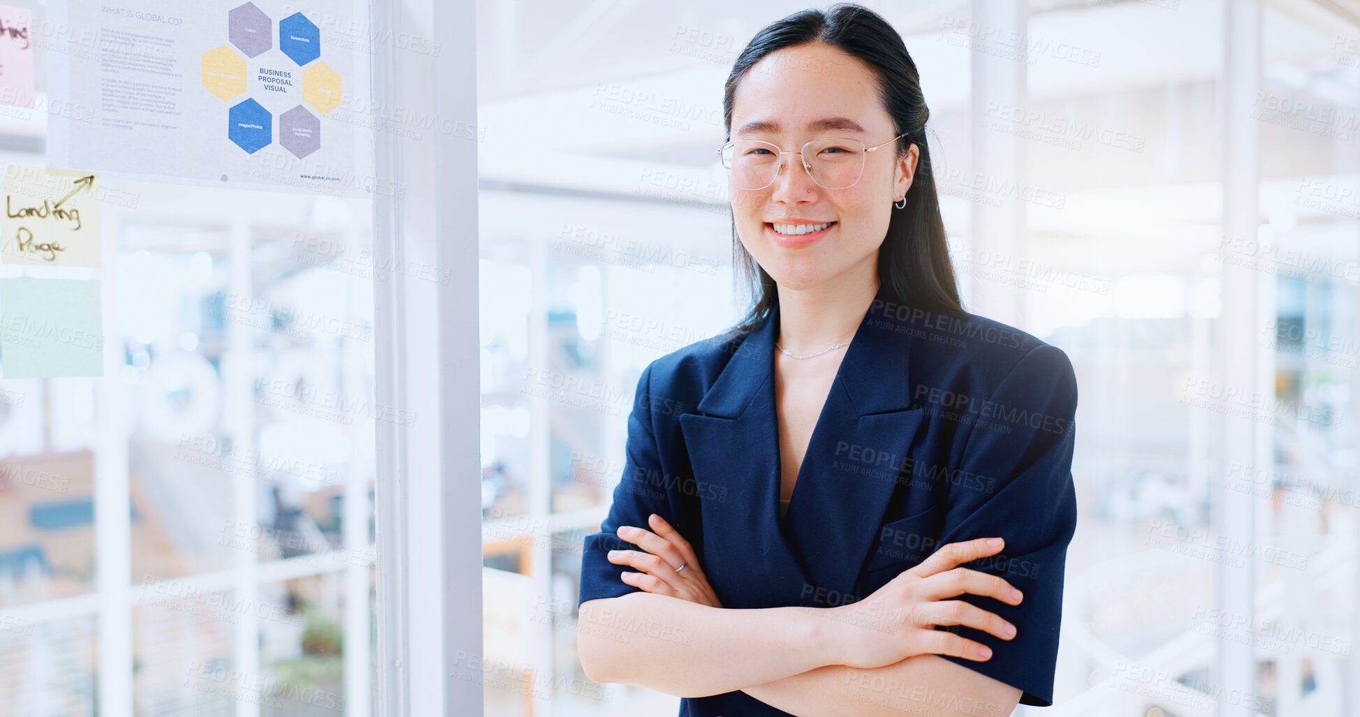 Buy stock photo Japanese, business woman and portrait with arms crossed in office for management, leadership and mentorship in workplace. Professional, employee and face with a smile for startup or career goals