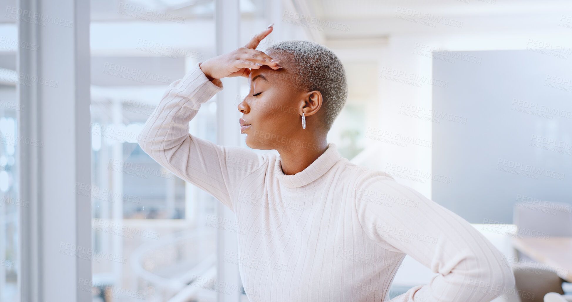 Buy stock photo Stress, headache and black woman in the office by window with work crisis, fail or glitch. Burnout, tired and professional African female designer with migraine for creative project in workplace.