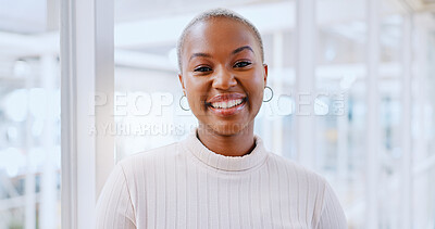Happy, smile and face of business woman in office for management, leadership and vision. Professional, executive and future with portrait of black woman in startup agency for mindset, career or goal