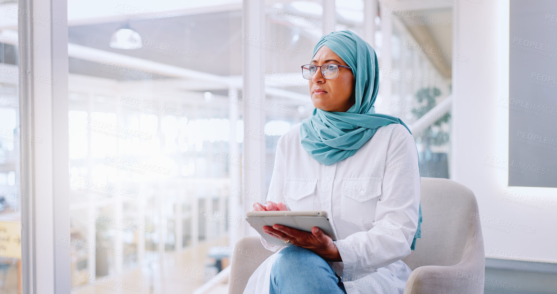 Buy stock photo Thinking, business and Islamic woman with tablet, solution and online reading with email, accounting or network. Muslim person, financial adviser or investor with technology, serious or brainstorming