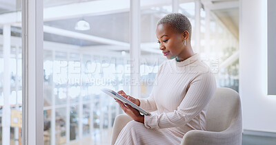 Tablet, and networking business woman in the office browsing on social media on break. Technology, professional and African female employee doing corporate research for a project with a mobile device