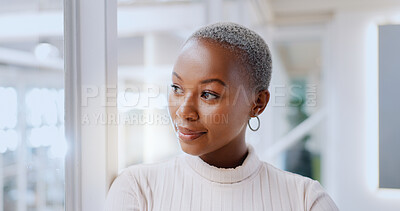 Face, thinking and black woman happy in office workplace or company. Idea, planning and smile of cheerful, proud and pensive female employee lost in thoughts, nostalgic or contemplating good memory.