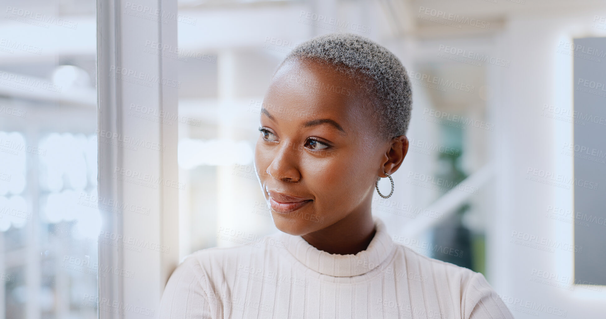 Buy stock photo Thinking, idea and black woman in the office by window for memory, reflection or brainstorming. Planning, solution and happy professional African female designer with mindful strategy in workplace.