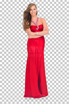 Fashion, elegant and woman in a dress in studio with beautiful, classy and luxury red outfit. Style, fancy and portrait of girl model in silk, trendy and stylish clothes isolated on a png background.