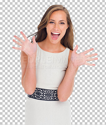 A Woman, smile portrait and jazz hands for dance happiness, surprise and party celebration Happy person, dancing and excited dancer or positive mindset energy isolated on a png background