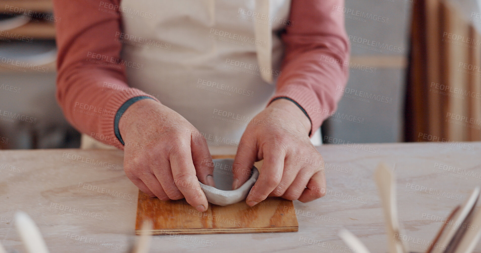 Buy stock photo Bowl, hands of artist and pottery closeup in studio, workshop craft and small business of creative  manufacturing. Ceramic designer, clay artisan and sculpture in class, mud mold and handmade process