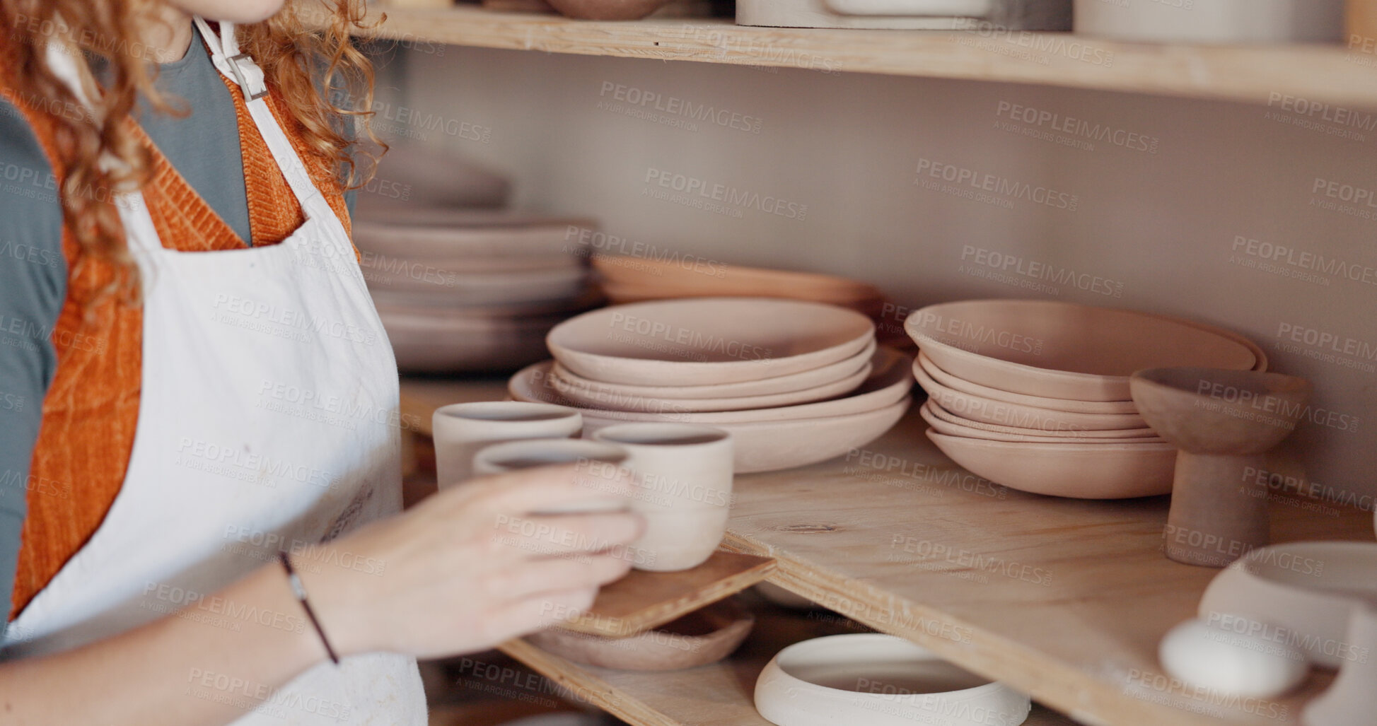 Buy stock photo Artist, hands and shelf in workshop with pottery, clay and creative ceramic product and artisan studio with crockery. Small business, potter and woman with art, hobby or porcelain plates and bowl
