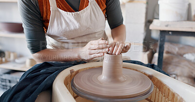 Pottery, woman creative and mold clay art piece for class, hobby or relax in workshop or studio. Creativity, girl student or female sculptor use wheel spinning, shape art or ceramic design workspace.