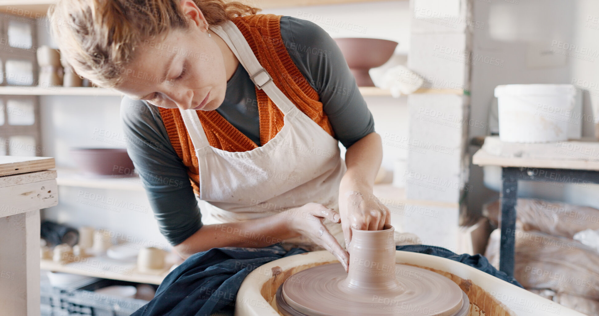 Buy stock photo Pottery wheel, woman and mold sculpture in workshop, creative artist studio and small business of product, craft and manufacturing. Ceramic designer, clay artisan hobby and mud for production process