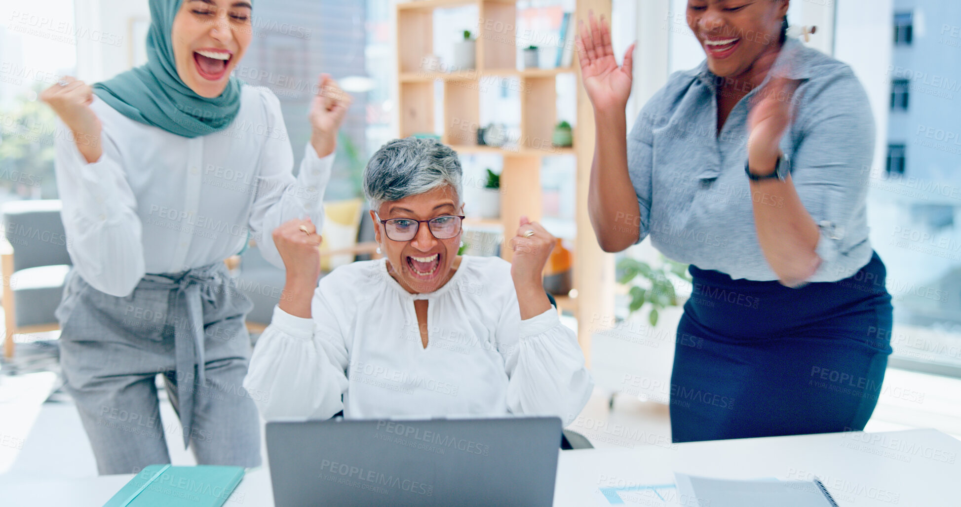 Buy stock photo Laptop, excited and business people scream, celebrate and cheers for promotion news, startup funding deal or revenue. Team feedback, teamwork success or office women celebration of winner achievement
