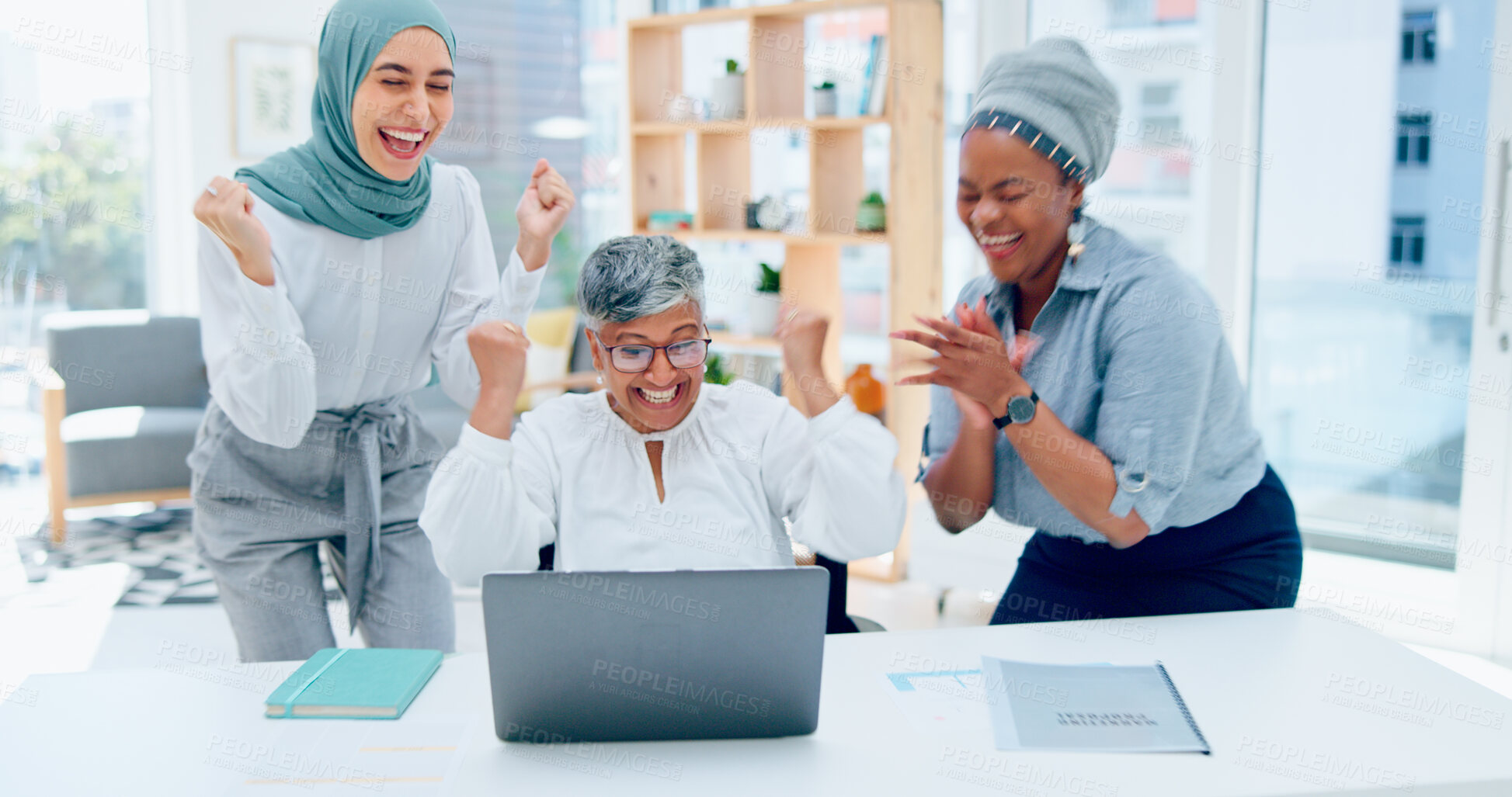 Buy stock photo Teamwork, laptop or happy woman in celebration of success goals with friends in a business deal online. Wow, yes or senior worker excited by news of winning a target on website or internet in office