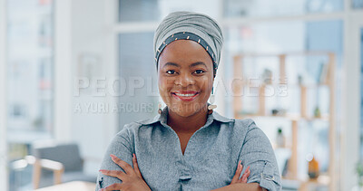 Face, black woman and arms crossed in office, business and leadership. Nigerian female administrator, lady or entrepreneur with smile, startup company or leader for marketing campaign and advertising