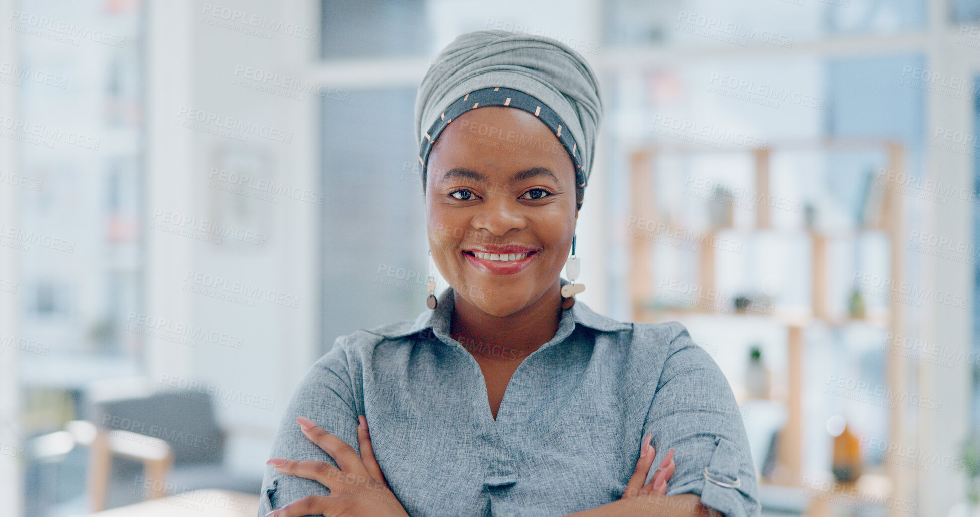 Buy stock photo Portrait, smile and black woman in office with confidence, pride and startup business entrepreneur. Happy, face and proud businesswoman in workplace at consulting agency with management job in Africa