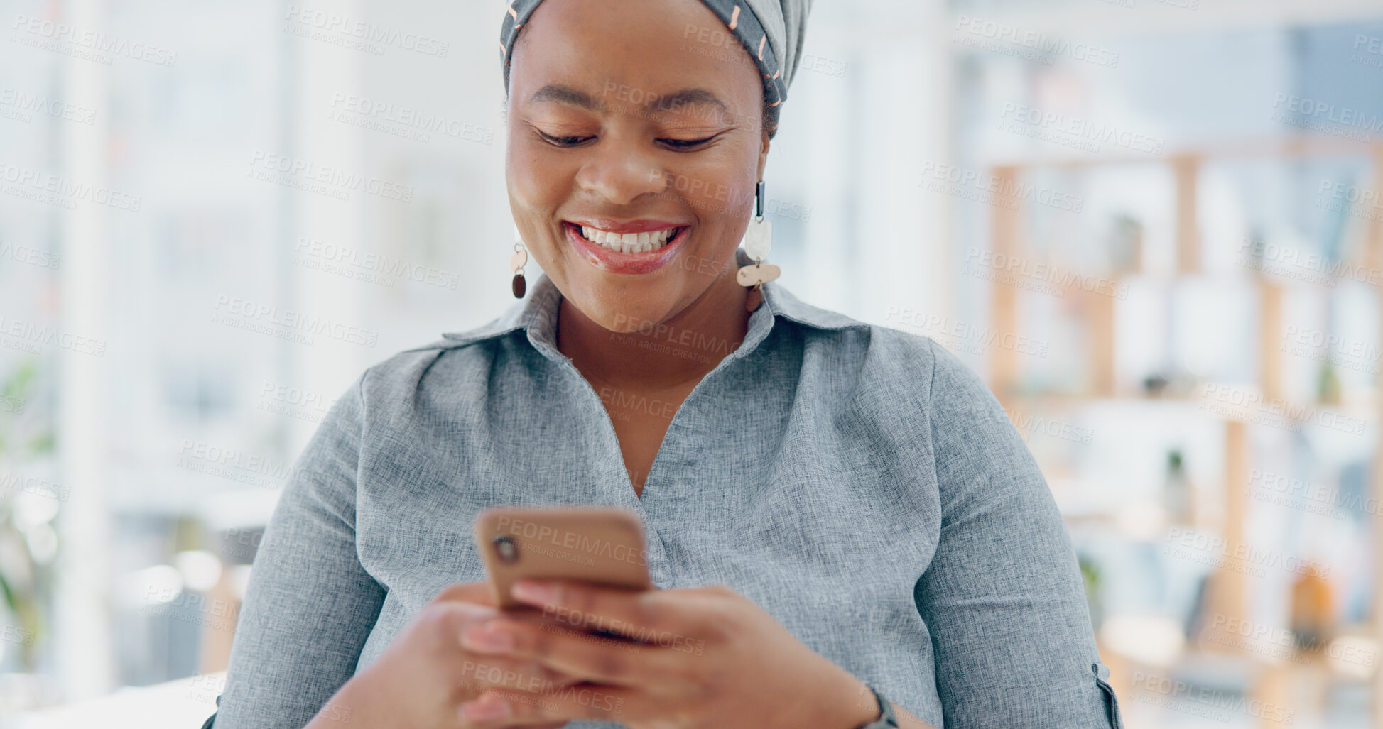 Buy stock photo Business, phone or black woman typing on social media for communication or texting in office. Search, smile or happy African worker in online conversation on mobile app to scroll on internet or web