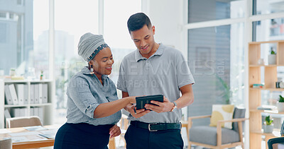 Collaboration, teamwork and business people on tablet in office while working on project. Planning, tech and male employee helping female with marketing research on digital touchscreen in workplace.