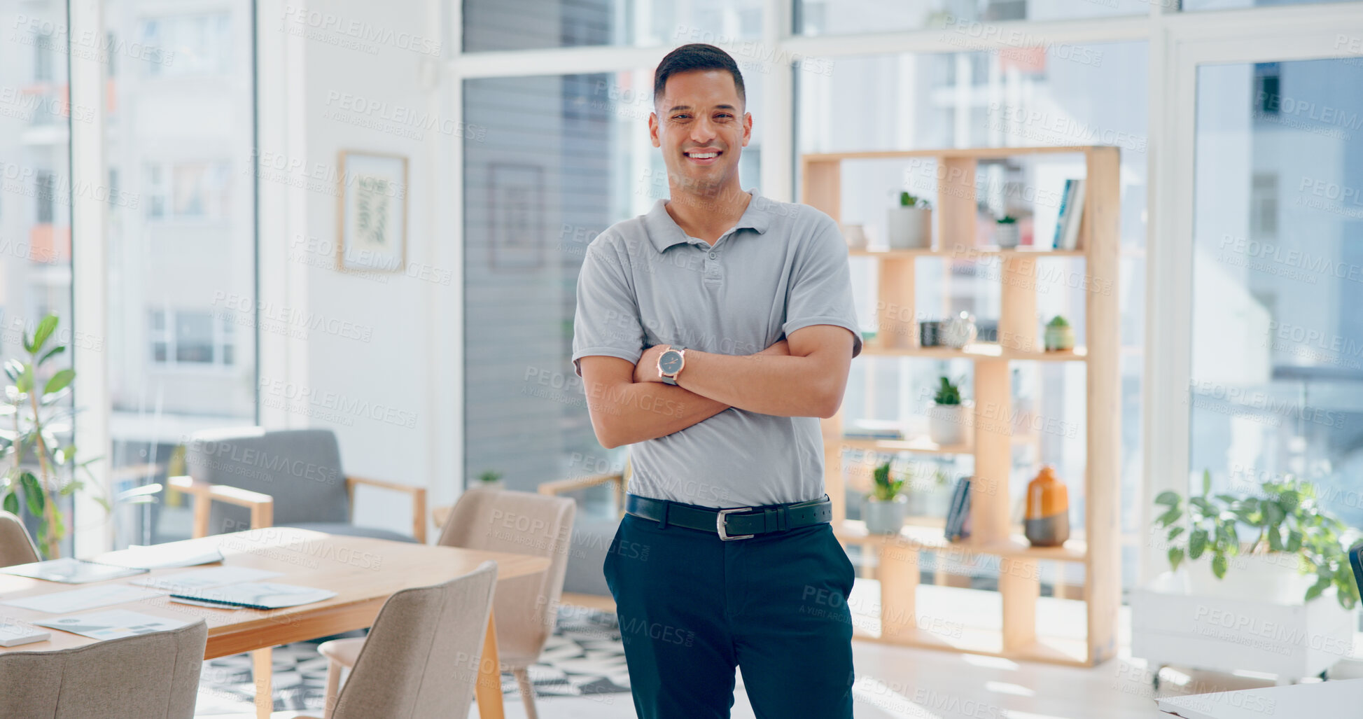 Buy stock photo Portrait, business and man with arms crossed, smile and entrepreneur in a workplace, finance expert and broker. Employee, corporate professional and accountant in an office, startup and happiness