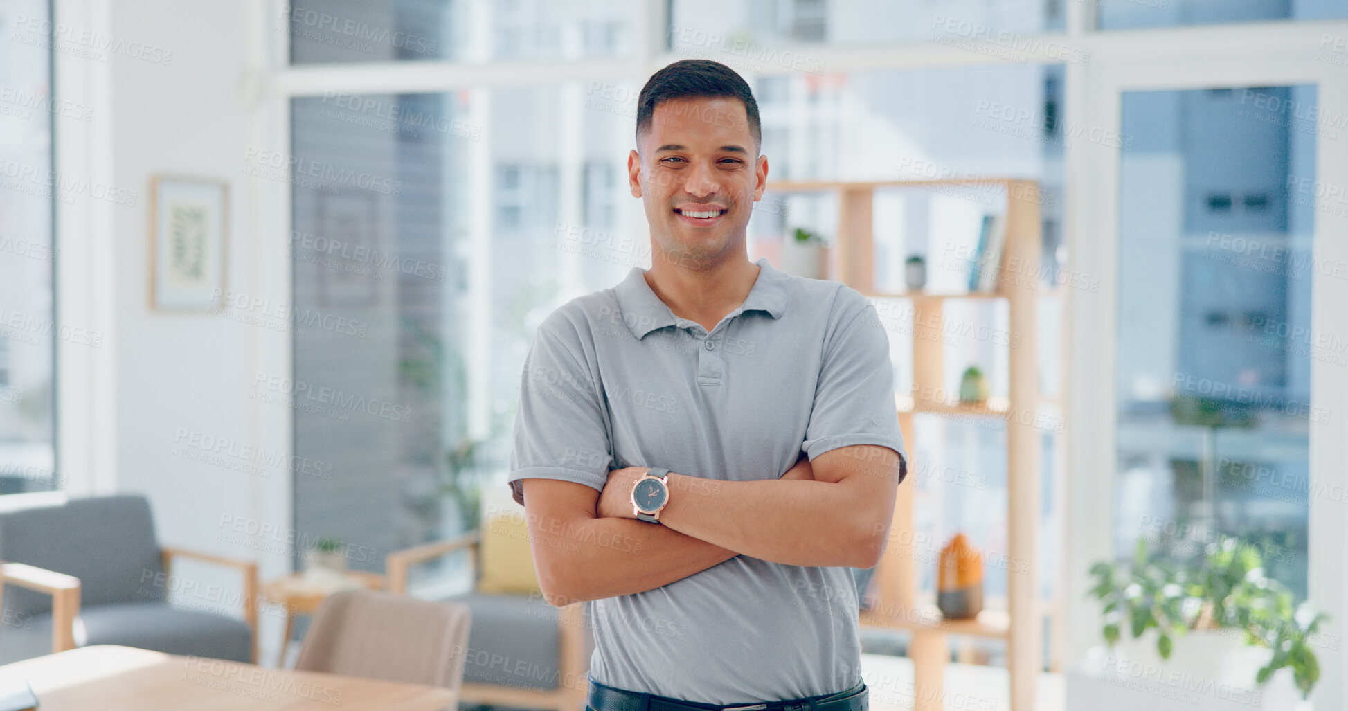 Buy stock photo Business man, portrait and arms crossed for professional career in marketing or project management in workplace. Happy face of latino person or graphic designer with confidence and creative mindset 