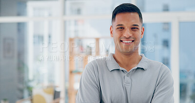 Businessman in office, face and career success, smile and happy in company headshot, leadership and vision. Leader, professional portrait and startup executive with job satisfaction and workplace.