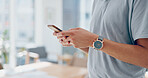 Hands, phone and chat app in office for communication, social media or email for internet businessman. Man, smartphone and hands in modern office on social network for digital marketing in New York