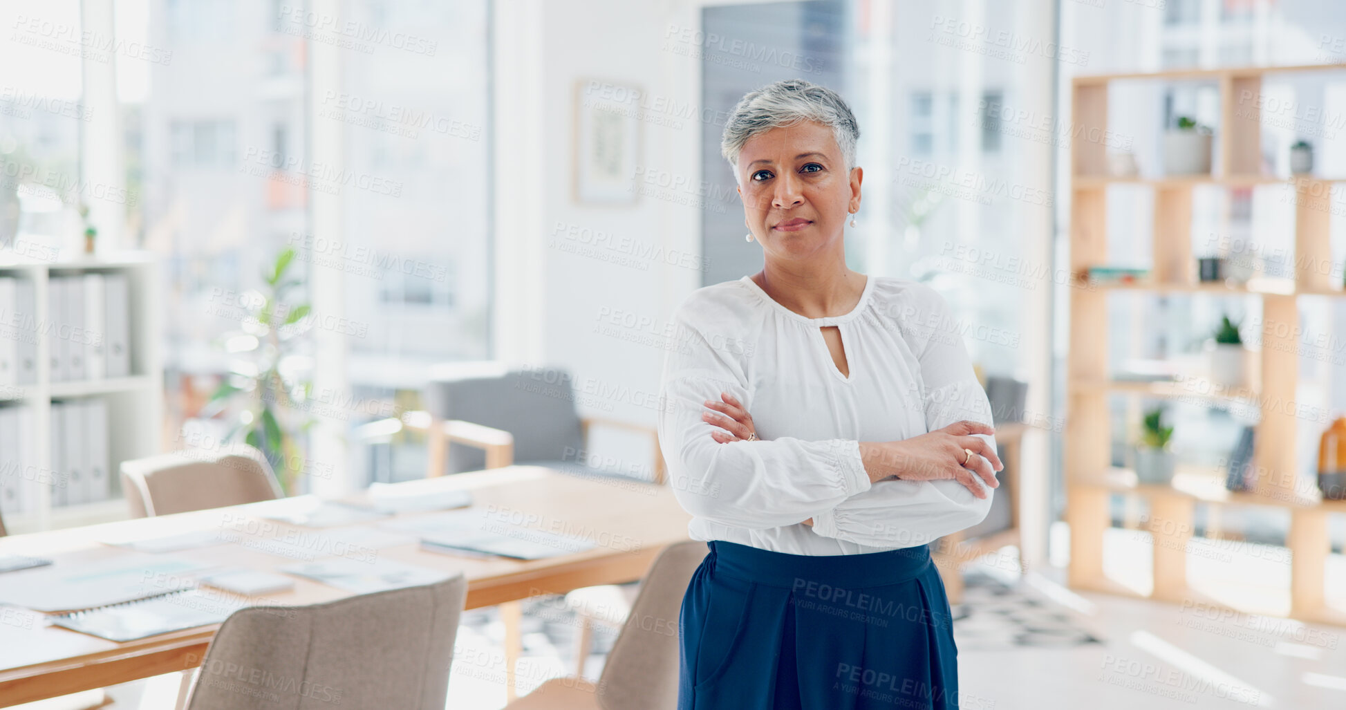 Buy stock photo Portrait, arms crossed and mature woman in office with confidence, pride and startup business entrepreneur. Senior management, career and proud businesswoman in conference room at consulting agency.