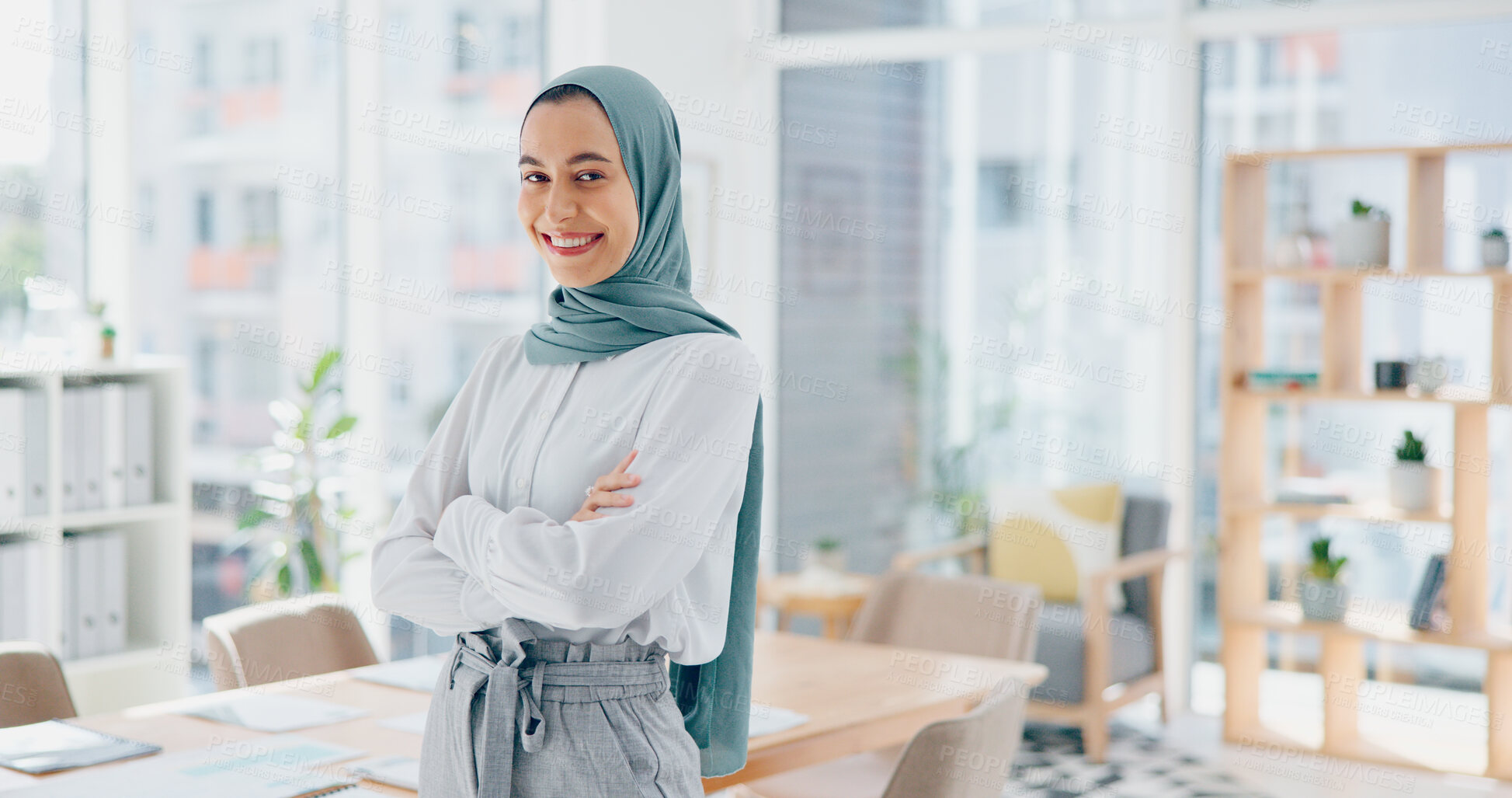 Buy stock photo Portrait, smile and woman with hijab in office, confidence, pride and startup business entrepreneur. Arms crossed, management career or Muslim businesswoman in workplace at consulting agency in Dubai