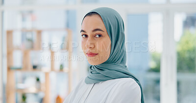 Creative muslim woman, face and smile in hijab with vision, career ambition or focus for startup at the office. Portrait of confident islamic woman employee designer smiling with scarf at workplace