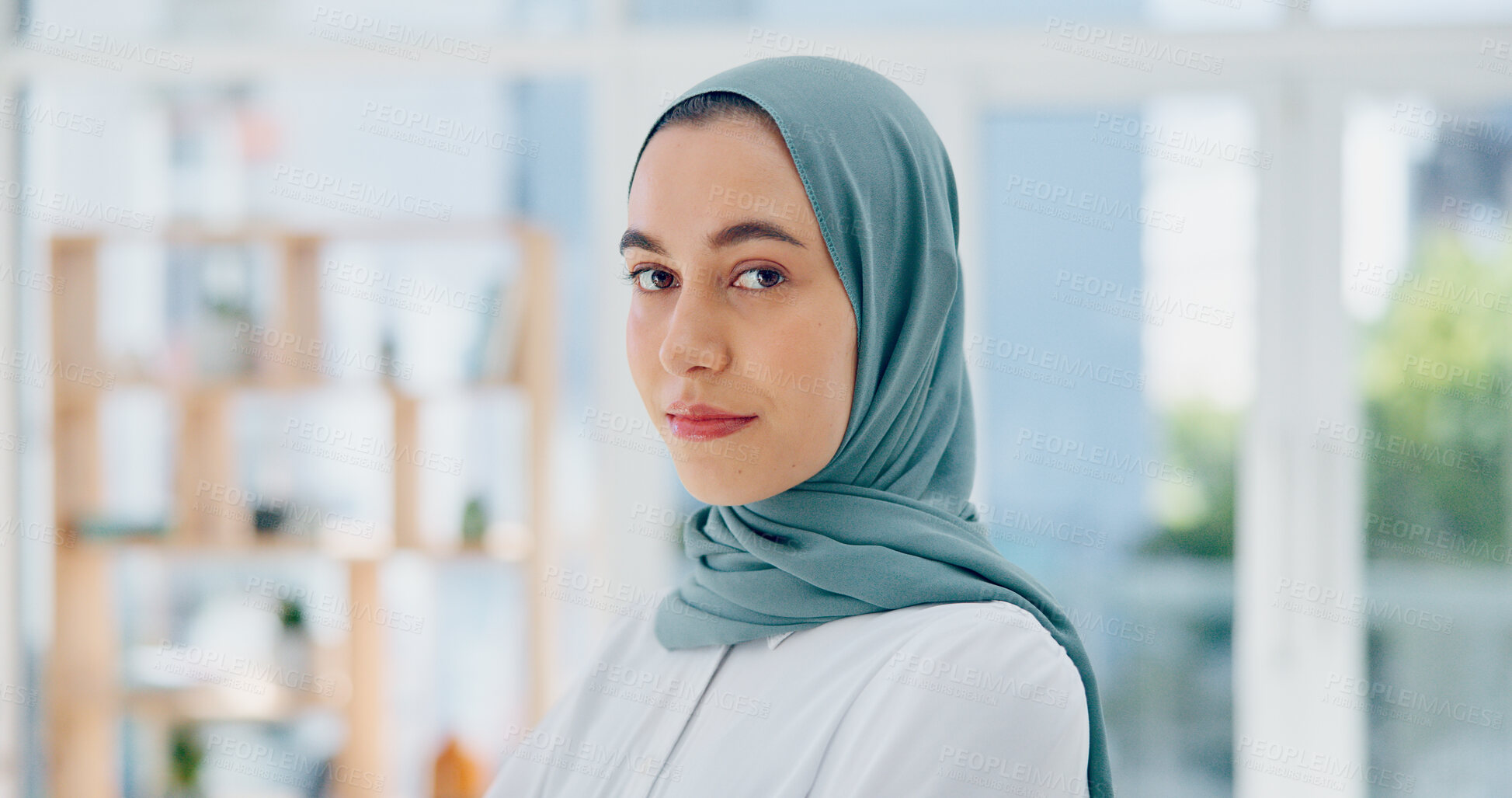Buy stock photo Creative woman, face and muslim in hijab with vision, career ambition or focus for startup at the office. Portrait, confident and islamic person or employee designer smiling with scarf at workplace