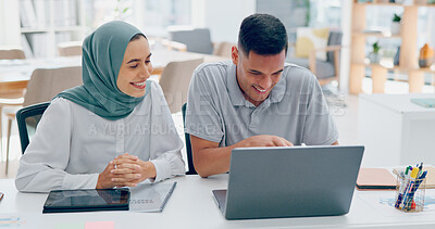 Muslim, laptop or woman with a manager planning a SEO digital marketing or advertising strategy in a office building. Islamic, collaboration or hijab employee talking or speaking of ideas to a worker