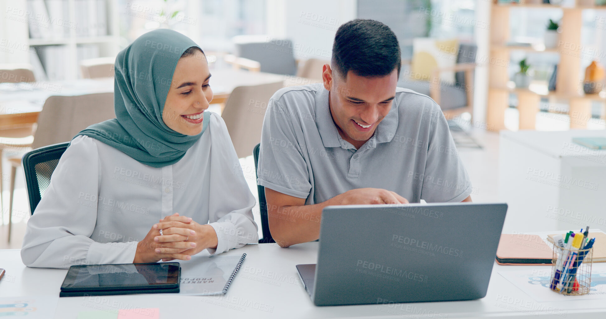 Buy stock photo Muslim, startup or business people on laptop problem solving in office for planning or digital stats. Teamwork, diversity or happy employees in discussion to search web for online ideas or support