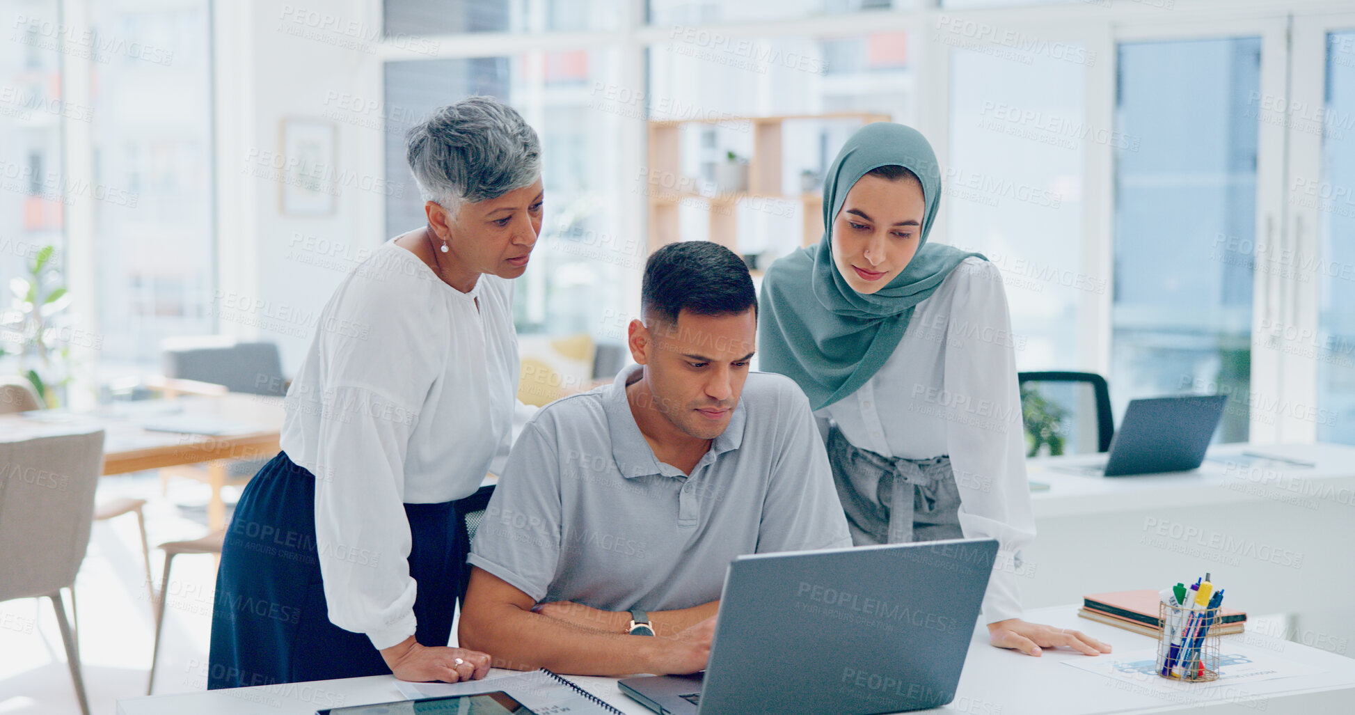 Buy stock photo Diversity, teamwork or business people on laptop problem solving in office for planning or feedback. Senior mentor, Muslim woman or employees in discussion to search web for online ideas with support