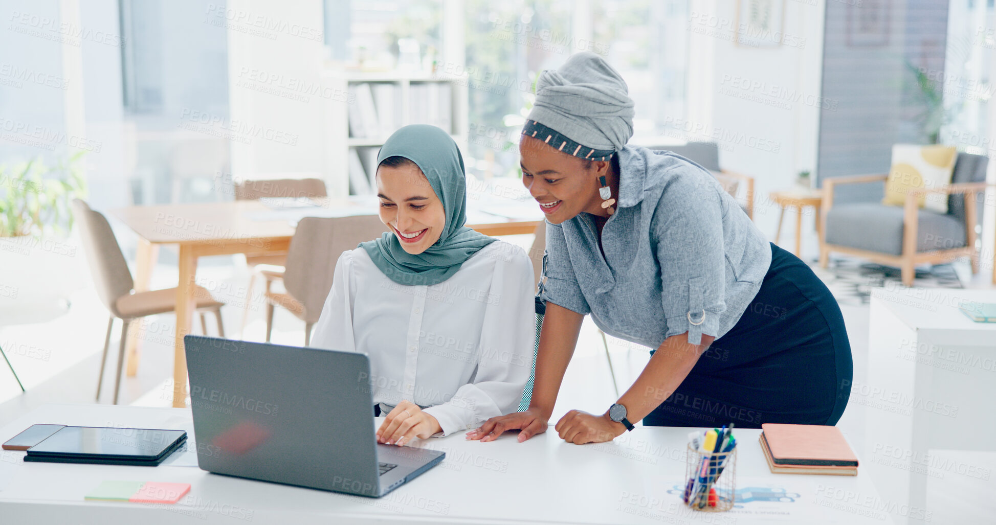 Buy stock photo Laptop, Muslim or manager or happy woman problem solving in discussion of solution for training. Computer, coaching or African leader talking or teaching worker with online project ideas or advice