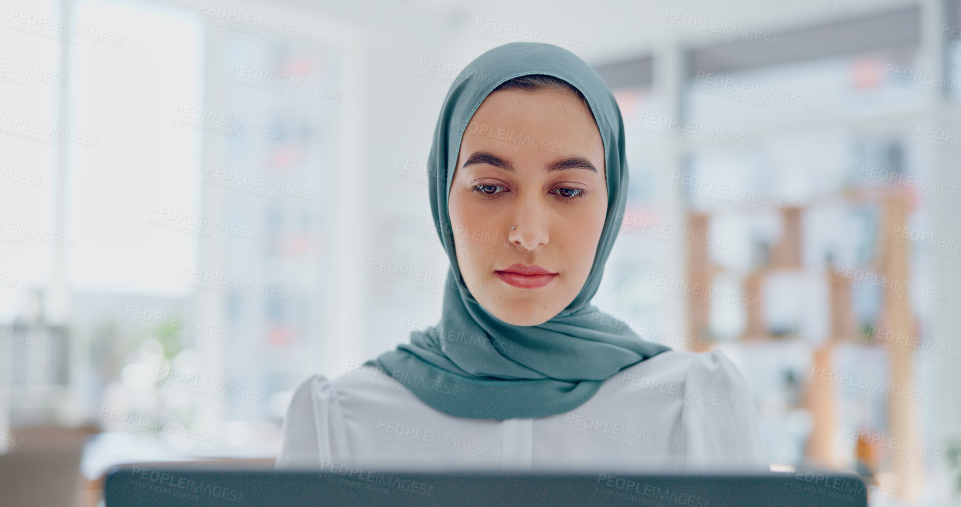 Buy stock photo Business woman, office and computer for online email management, human resources website and career planning. Young muslim person or islamic HR worker reading and updating company FAQ or information