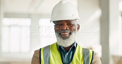 Senior black man, architect and portrait smile for construction or building project on site at the workplace. Happy elderly African American male professional builder smiling for industrial success