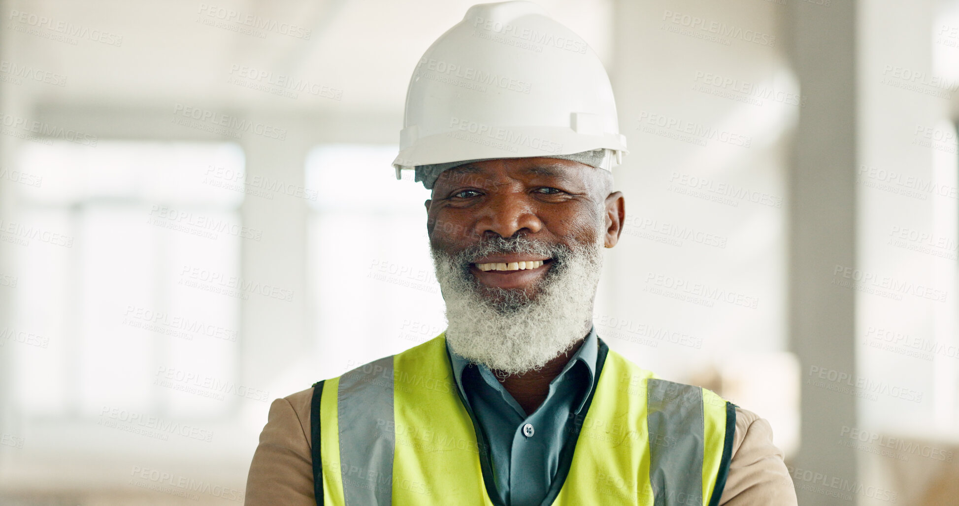 Buy stock photo Smile, industrial and portrait of black man engineer with confidence at indoor engineering site. Industry, project management and senior construction worker or contractor for building maintenance.