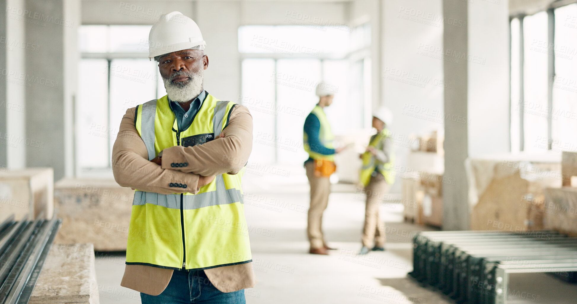 Buy stock photo Portrait, arms crossed and construction worker, mature black man and serious about renovation, architecture or development. Team leader, site manager and architect service for real estate project