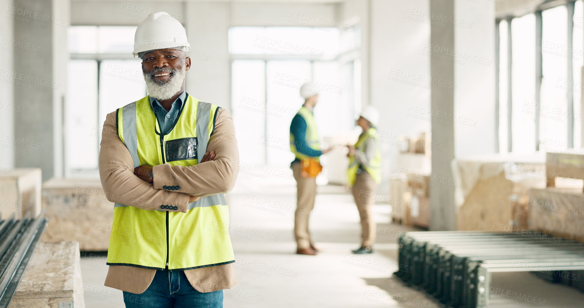 Buy stock photo Portrait, arms crossed and architect, mature black man and happy about renovation, architecture construction or development. Team leader, site manager and contractor service for real estate project