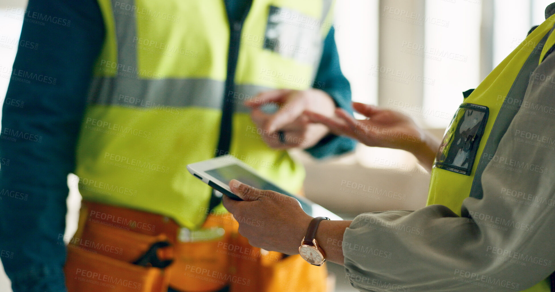 Buy stock photo Engineer, hands and construction worker with tablet for team planning, logistics and collaboration on site with online blueprint. Civil engineering, project and people check industrial plan on tech 