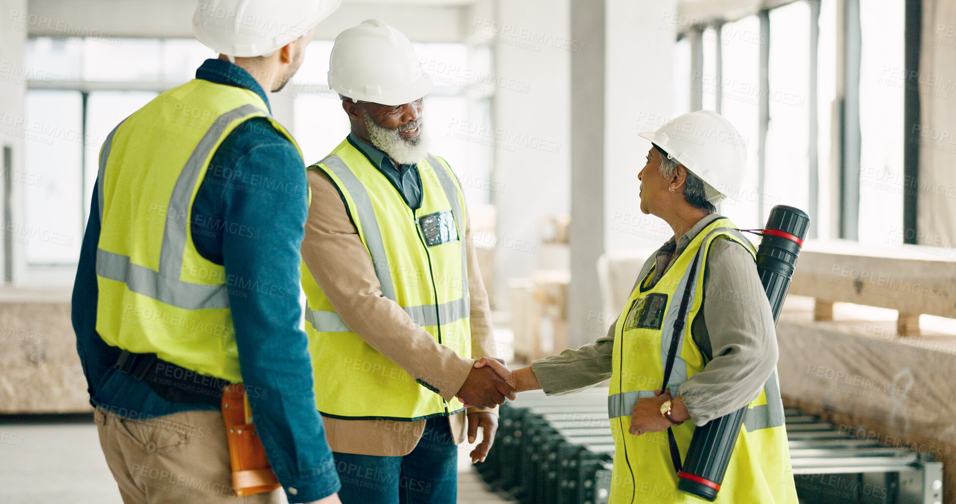 Buy stock photo Handshake, engineering and people meeting for construction deal, trust and hello to support collaboration. Teamwork, industrial partnership and shaking hands for b2b agreement of building development