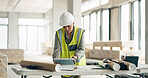 Construction woman, tablet or architect blueprint with engineer planning, documents or research on web for innovation idea. Design, engineering or tech for creative strategy in construction site