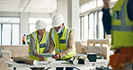 Engineer, architect and business people on tablet for construction, strategy or project plan at work. Team of contractors working together on architecture planning or discussion on touchscreen