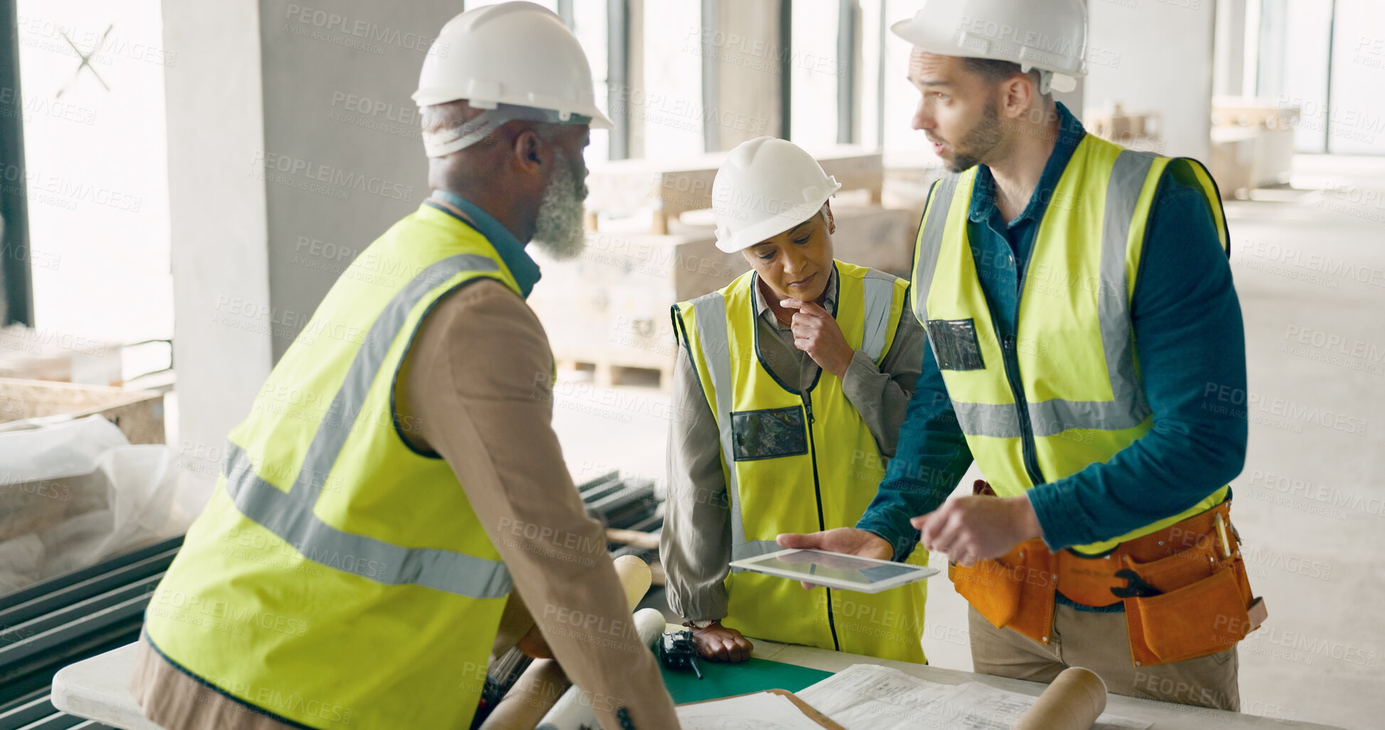 Buy stock photo Discussion, tablet and team of construction workers in collaboration for building renovation. Industry, civil engineering and group of contractors in meeting for project development planning on site.