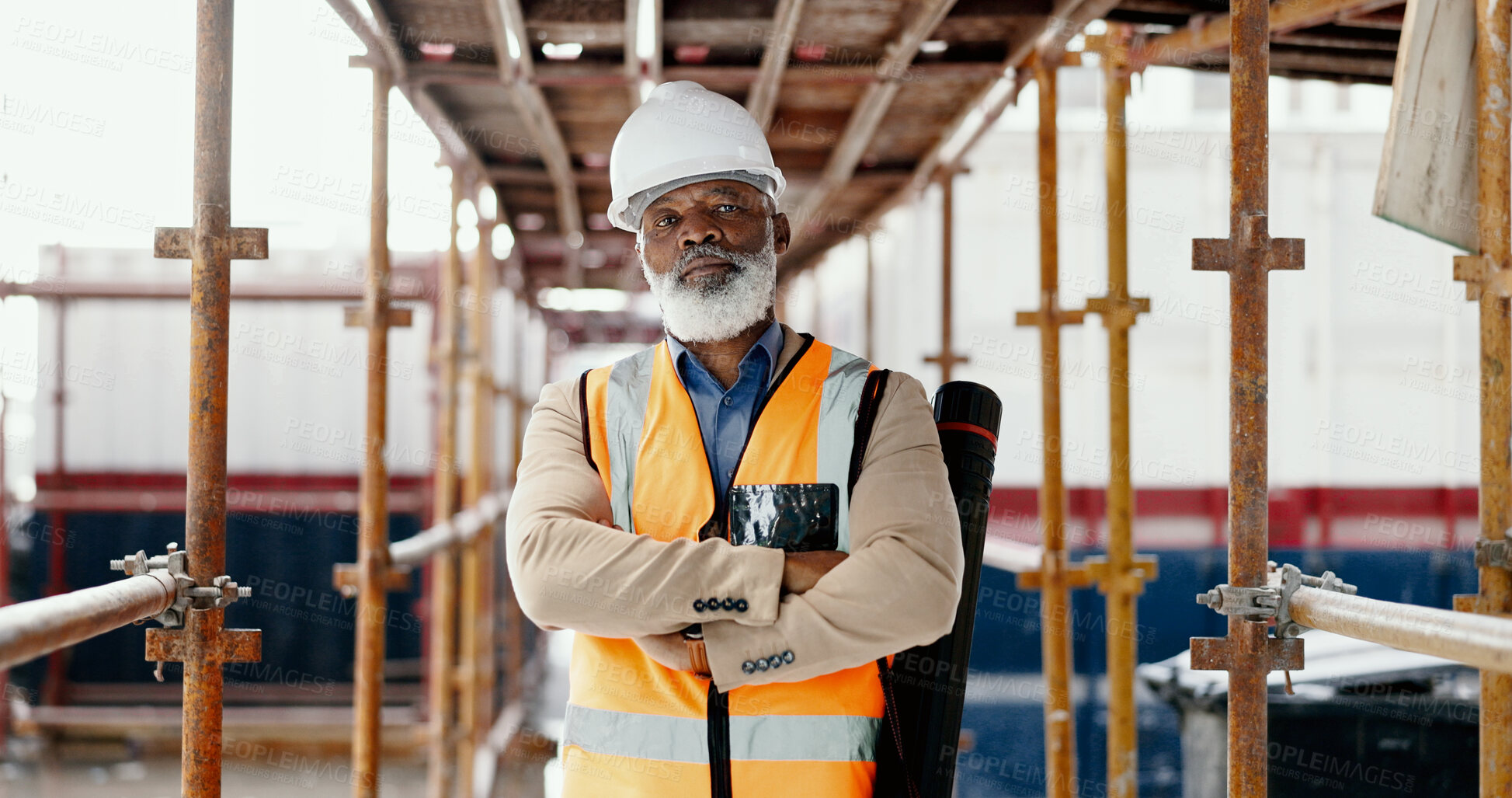 Buy stock photo Construction site portrait, arms crossed and serious black man, architect or builder of civil engineering, building or infrastructure. Engineer, manager and mature contractor for real estate project