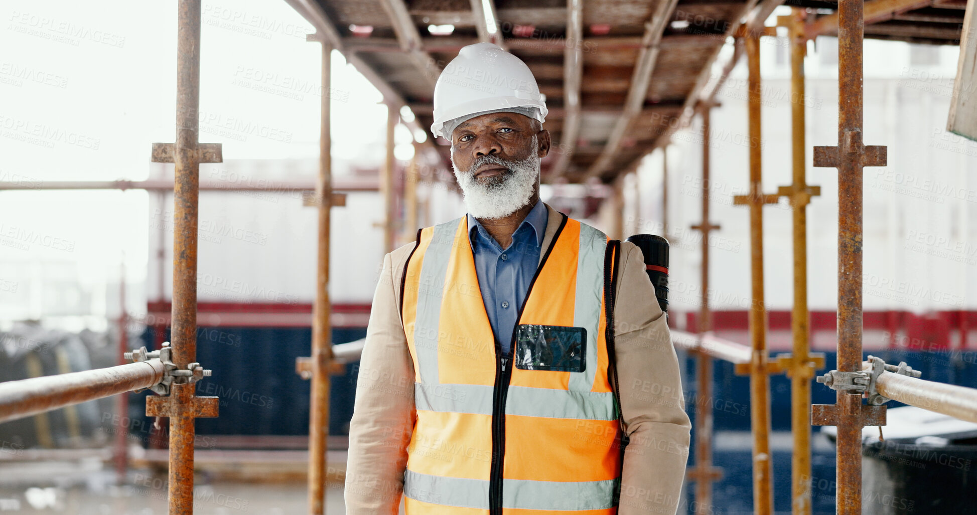 Buy stock photo Portrait, serious or mature construction worker, black man or architect for civil engineering, infrastructure build or expert service. Engineer, logistic and African builder for labor on architecture