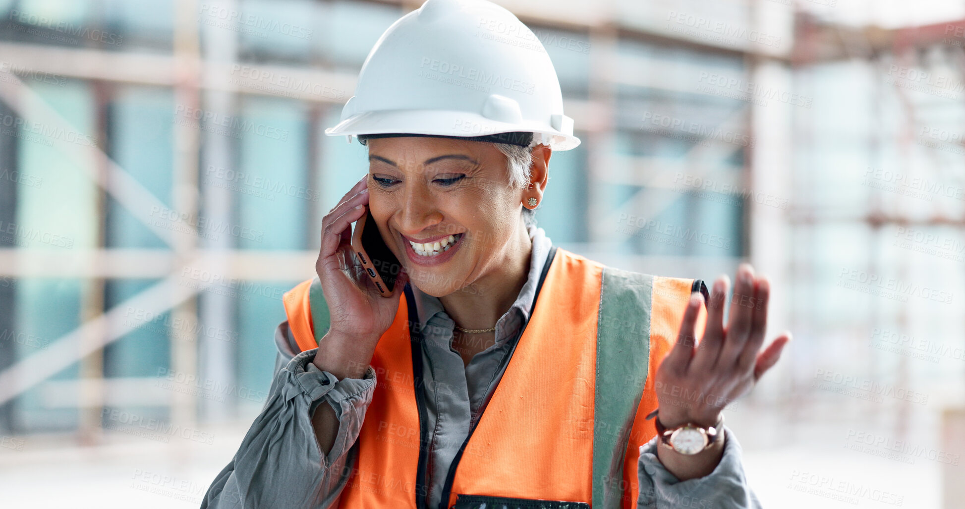 Buy stock photo Happy woman, phone call and construction site news, engineering update or communication outdoor. Industrial manager, contractor or builder talking on mobile for renovation or architecture opportunity