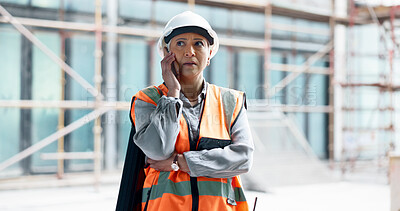 Phone call, engineer manager and woman worker happy talking on smartphone at construction site. Architecture management leader, industrial building worker and online mobile communication conversation