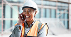 Construction site, contractor and happy woman developer phone call planning for logistics, industrial engineering and city project management. Laughing mature architect manager talking on smartphone